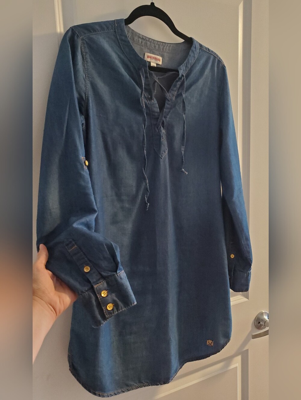 True Religion Denim Blue Lace-Up Tunic Dress - With Gold Metal Logo